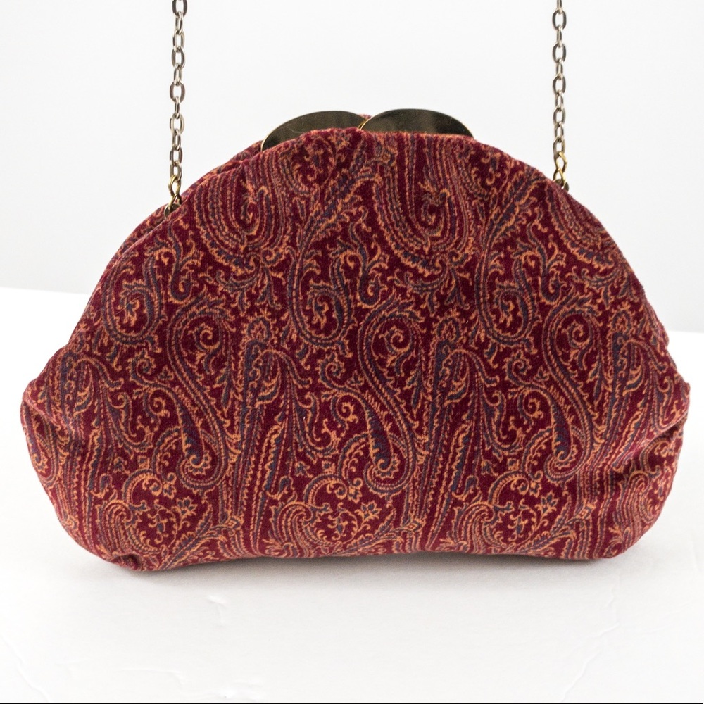 Vintage 70s Velvet Paisley Print Bag Purse Red - Picture 1 of 12
